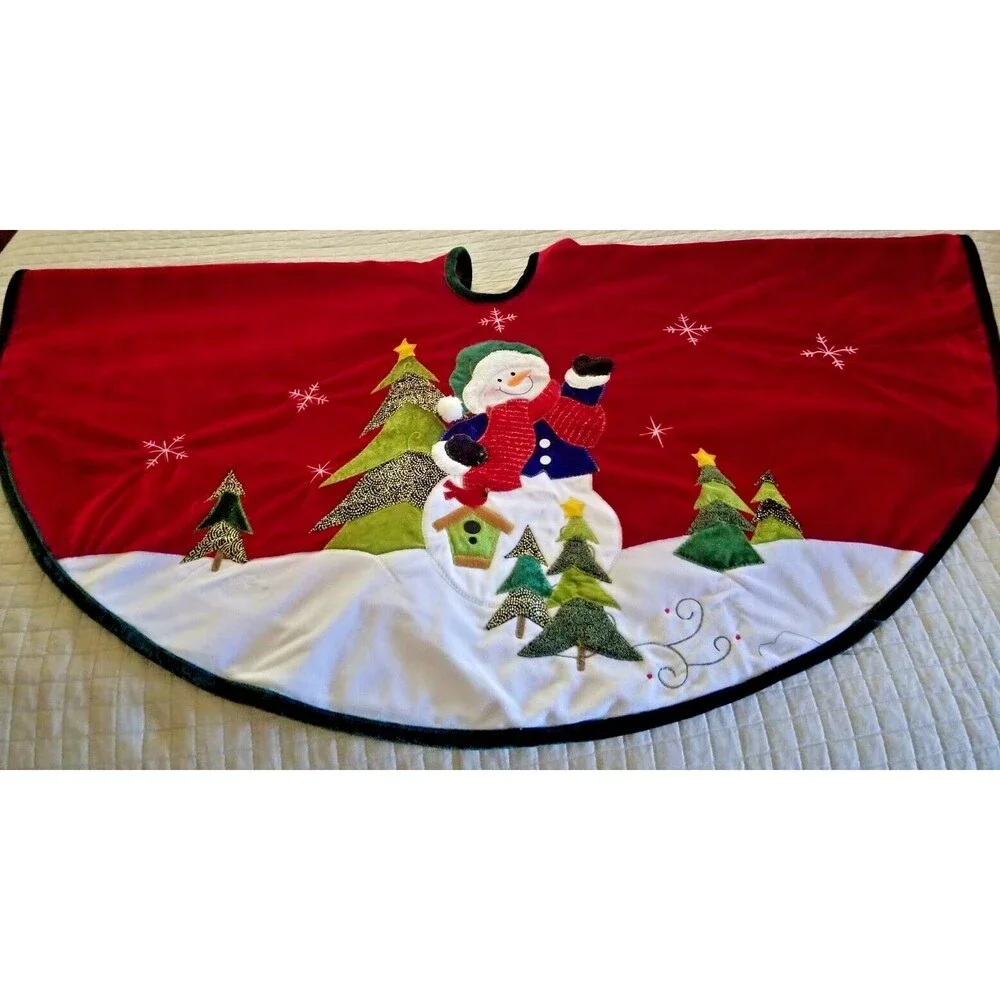 Holiday Christmas Tree Shirt Plush Velour Snowman Sparkle & Appliques Red 48